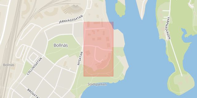 Karta som med röd fyrkant ramar in Stenbomsgatan, Bollnäs, Gävleborgs län