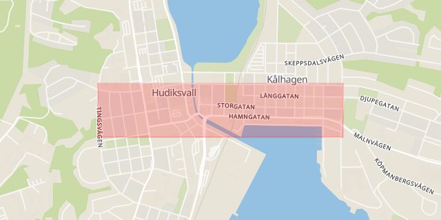 Karta som med röd fyrkant ramar in Västra Tullgatan, Storgatan, Hudiksvall, Gävleborgs län