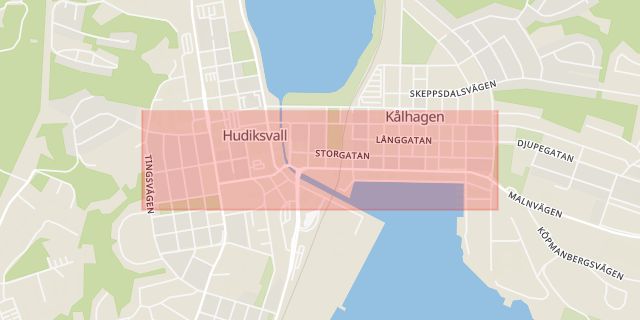 Karta som med röd fyrkant ramar in Storgatan, Hudiksvall, Gävleborgs län
