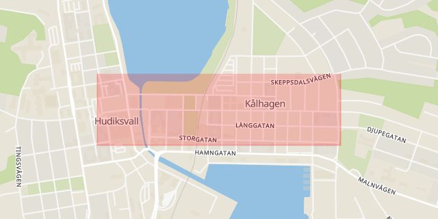 Karta som med röd fyrkant ramar in Trädgårdsgatan, Hudiksvall, Gävleborgs län