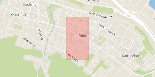 Karta som med röd fyrkant ramar in Härstavägen, Skönsmon, Sundsvall, Västernorrlands län