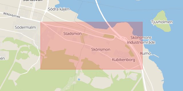 Karta som med röd fyrkant ramar in Fridhemsgatan, Sundsvall, Västernorrlands län