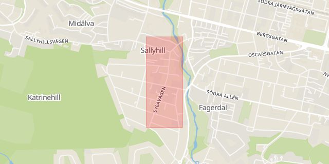 Karta som med röd fyrkant ramar in Sveavägen, Sallyhill, Sundsvall, Västernorrlands län