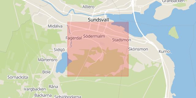 Karta som med röd fyrkant ramar in Östermalm, Sundsvall, Västernorrlands län