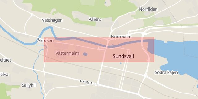 Karta som med röd fyrkant ramar in Stenstan, Storgatan, Sundsvall, Västernorrlands län