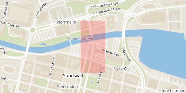 Karta som med röd fyrkant ramar in Navet, Sjögatan, Sundsvall, Västernorrlands län