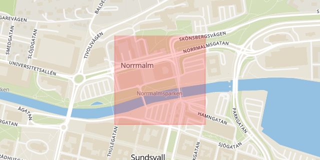 Karta som med röd fyrkant ramar in Norrmalm, Skepparegatan, Sundsvall, Västernorrlands län