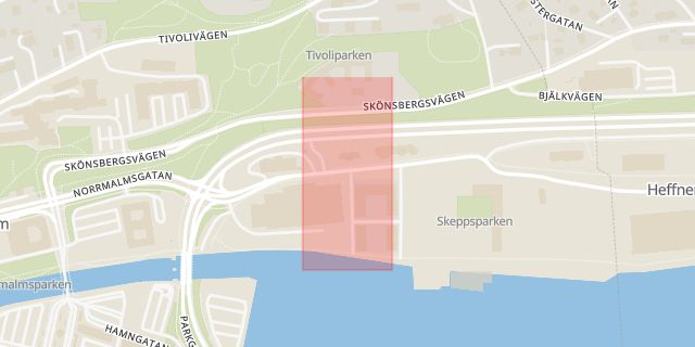 Karta som med röd fyrkant ramar in Norra Kajen, Skönsberg, Sundsvall, Västernorrlands län
