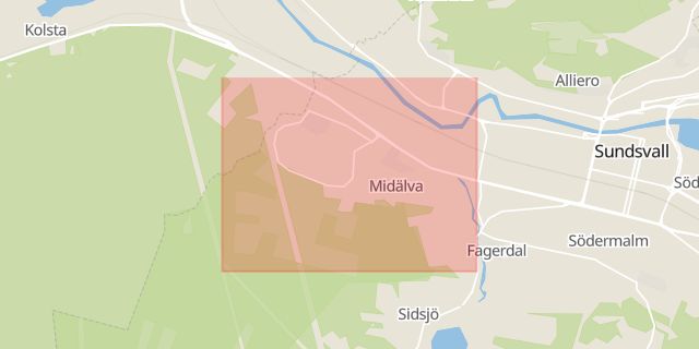 Karta som med röd fyrkant ramar in Sundsvall, Nacksta, Västernorrland, Västernorrlands län
