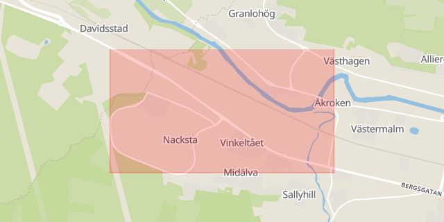 Karta som med röd fyrkant ramar in Bergsgatan, Nacksta, Sundsvall, Västernorrlands län