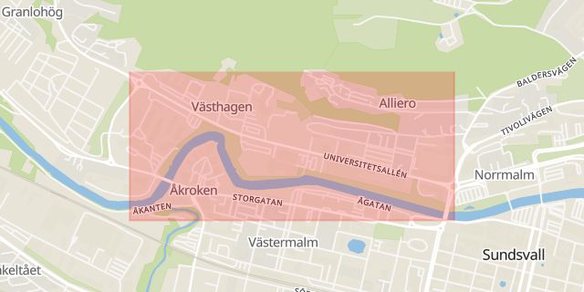 Karta som med röd fyrkant ramar in Universitetsallén, Sundsvall, Sporthallsgatan, Kramfors, Västernorrlands län