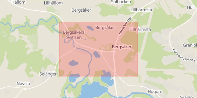 Karta som med röd fyrkant ramar in Bergsåkers Skola, Härmstavägen, Sundsvall, Västernorrlands län