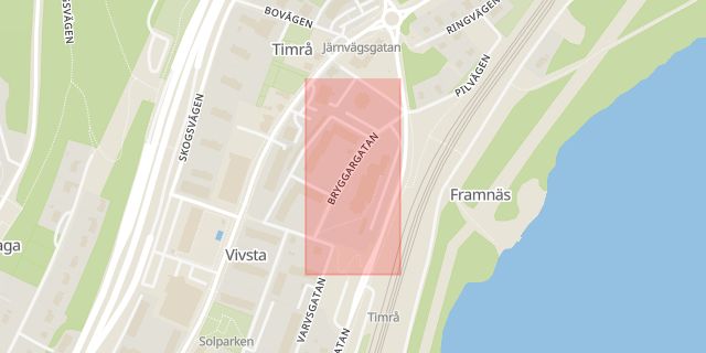 Karta som med röd fyrkant ramar in Bryggargatan, Timrå, Västernorrlands län