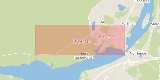 Karta som med röd fyrkant ramar in Lundevägen, Bergeforsen, Timrå, Västernorrlands län