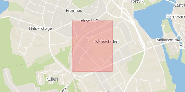 Karta som med röd fyrkant ramar in Viktoriagatan, Västernorrland, Härnösand, Västernorrlands län