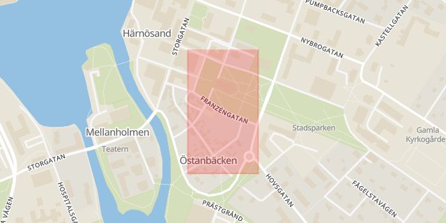 Karta som med röd fyrkant ramar in Franzéngatan, Härnösand, Västernorrlands län