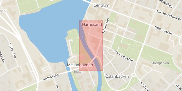 Karta som med röd fyrkant ramar in Östra Kanalgatan, Härnösand, Västernorrlands län
