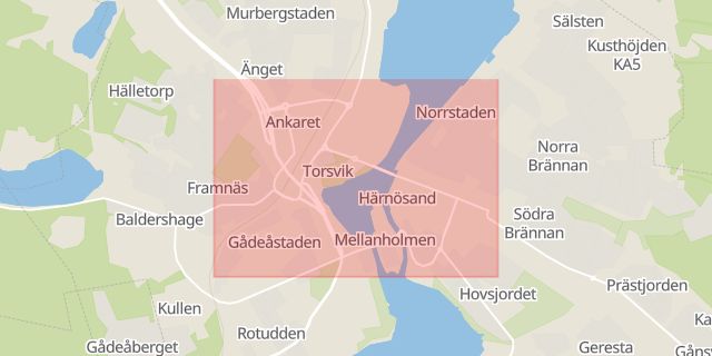Karta som med röd fyrkant ramar in Mellanholmen, Härnösand, Västernorrlands län