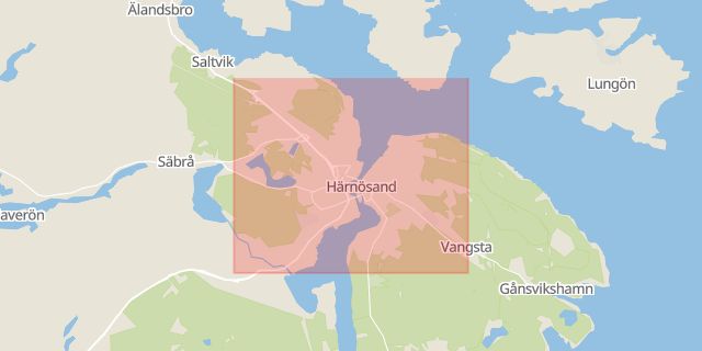 Karta som med röd fyrkant ramar in Västernorrland, Härnösand, Franzéngatan, Kramfors, Vinkelgatan, Björsta, Örnsköldsvik, Själevad, Hästmarksvägen, Västernorrlands län