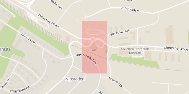 Karta som med röd fyrkant ramar in Lidl, Storgatan, Sollefteå, Västernorrlands län