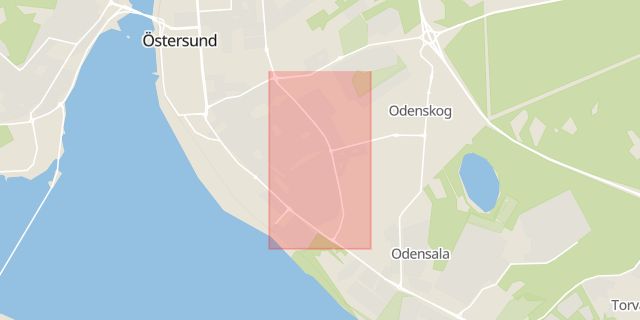 Karta som med röd fyrkant ramar in Östersund, Krondikesvägen, Bangårdsgatan, Jämtlands län