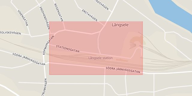 Karta som med röd fyrkant ramar in Stationsgatan, Långsele, Sollefteå, Västernorrlands län
