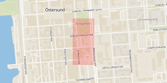 Karta som med röd fyrkant ramar in Hamngatan, Rådhusgatan, Östersund, Jämtlands län