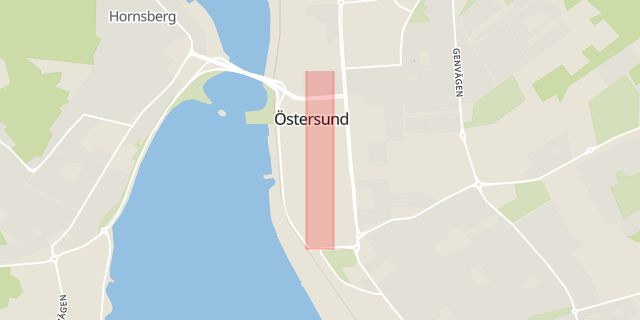 Karta som med röd fyrkant ramar in Prästgatan, Jämtland, Östersund, Jämtlands län
