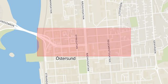 Karta som med röd fyrkant ramar in Färjemansgatan, Östersund, Jämtlands län