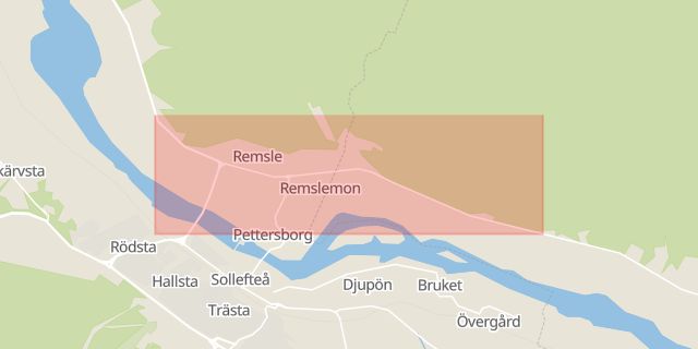 Karta som med röd fyrkant ramar in Örnsköldsvik, Rörvägen, Fagerviksvägen, Timrå, Norra Ådalsvägen, Sollefteå, Terminalvägen, Brogatan, Själevad, Västernorrlands län