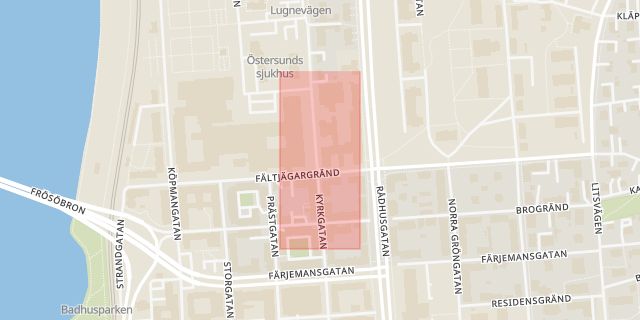 Karta som med röd fyrkant ramar in Sjukhuset, Östersund, Jämtlands län