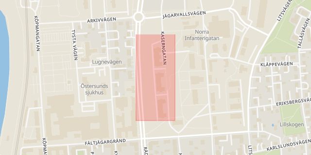 Karta som med röd fyrkant ramar in Kaserngatan, Stuguvägen, Östersund, Jämtlands län