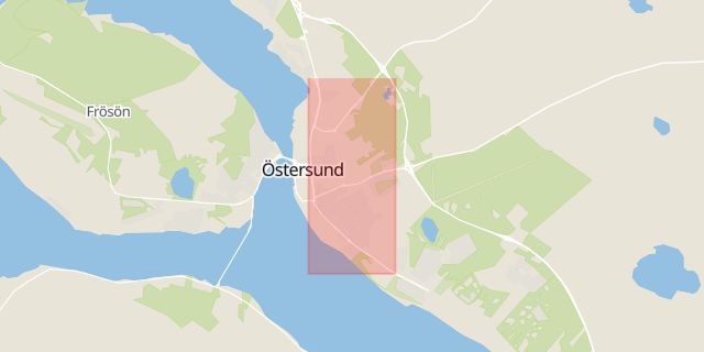 Karta som med röd fyrkant ramar in Rådhusgatan, Östersund, Jämtlands län
