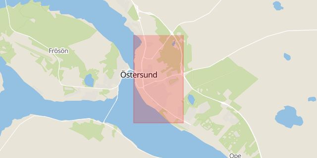 Karta som med röd fyrkant ramar in Rådhusgatan, Östersund, Krondikesvägen, Jämtlands län