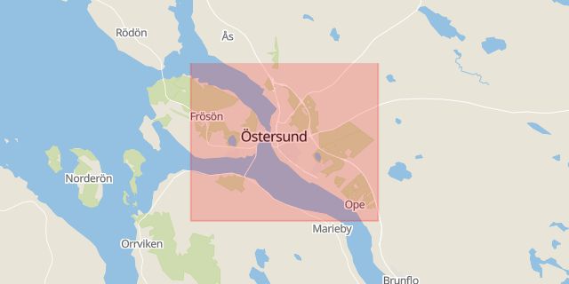 Karta som med röd fyrkant ramar in Odenskogsvägen, Modellen, Jamtli, Östersund, Jämtlands län