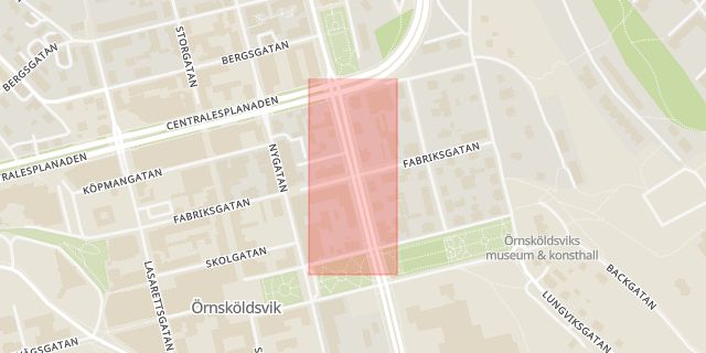 Karta som med röd fyrkant ramar in Fabriksgatan, Viktoriaesplanaden, Örnsköldsvik, Västernorrlands län