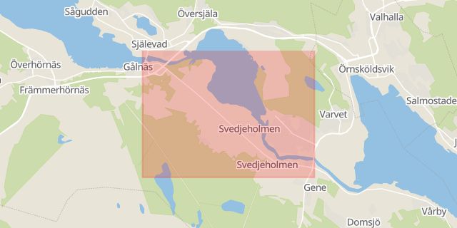 Karta som med röd fyrkant ramar in Brogatan, Själevad, Örnsköldsvik, Västernorrlands län