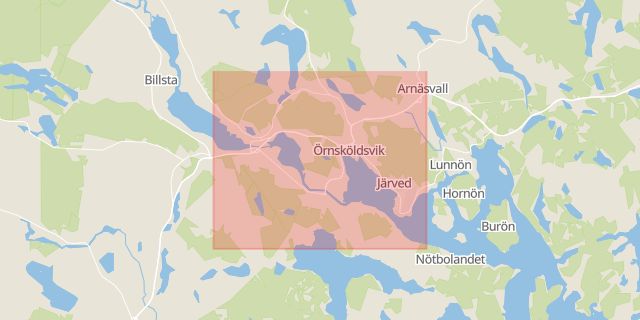 Karta som med röd fyrkant ramar in Ångermanland, Örnsköldsvik, Västernorrlands län
