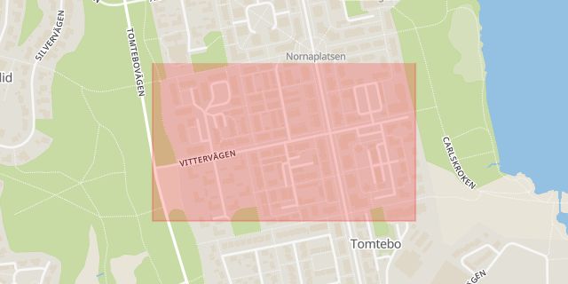 Karta som med röd fyrkant ramar in Tomtebo, Vittervägen, Umeå, Västerbottens län