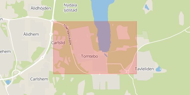 Karta som med röd fyrkant ramar in Tomtebovägen, Formvägen, Blå Vägen, Fridhem, Umeå, Västerbottens län
