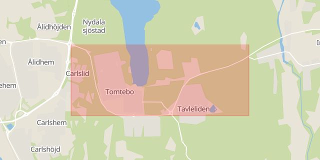 Karta som med röd fyrkant ramar in Ålidhem, Tomtebo, Umeå, Västerbottens län