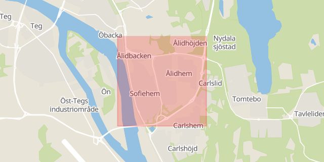 Karta som med röd fyrkant ramar in Västerbotten, Umeå, Ålidhem, Norsjö, Västerbottens län