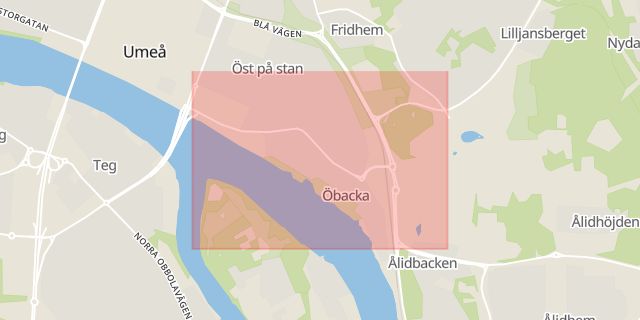 Karta som med röd fyrkant ramar in Öbacka, Umeå, Västerbottens län