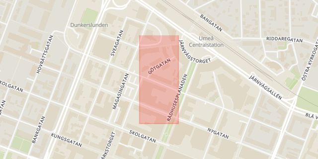 Karta som med röd fyrkant ramar in Skolgatan, Umeå, Västra Norrlandsgatan, Väst På Stan, Västra Ersboda, Parkbron, Skellefteå, Gymnasievägen, Svedjevägen, Lappvattnet, Västerbottens län