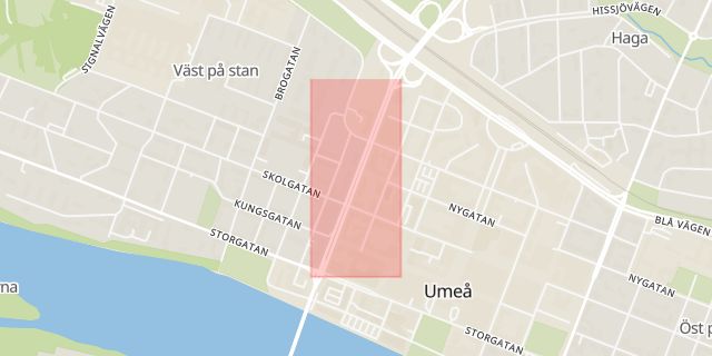 Karta som med röd fyrkant ramar in Västra Esplanaden, Umeå, Västerbottens län