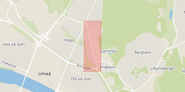 Karta som med röd fyrkant ramar in Rothoffsvägen, Umeå, Västerbottens län