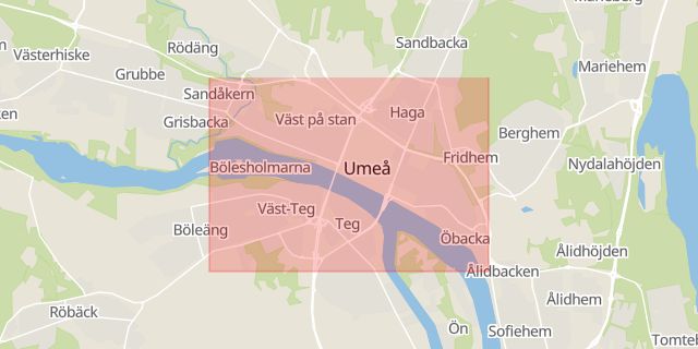 Karta som med röd fyrkant ramar in Väst På Stan, Umeå, Västerbottens län