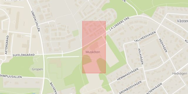 Karta som med röd fyrkant ramar in Umedalen, Idrottsplatsen, Musköten, Umeå, Västerbottens län