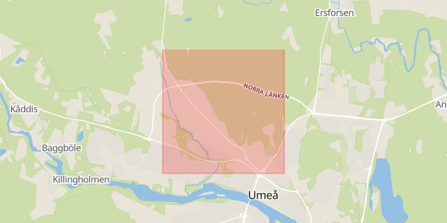 Karta som med röd fyrkant ramar in Hissjövägen, Haga, Västerslätt, Umeå, Västerbottens län