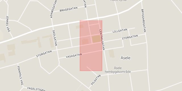 Karta som med röd fyrkant ramar in Storgatan, Norra Vägen, Åsele, Västerbottens län